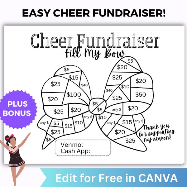 Fill My Bow Cheer Fundraiser Printable, Cheerleading Team Fundraising Form editable in Canva, Sponsor my Season Cheer Bow Fundraiser