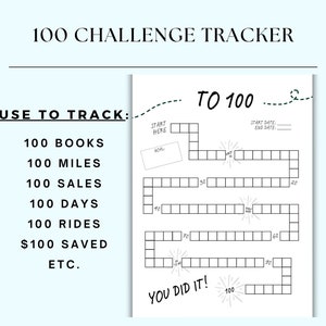 Peut inclure: Un suivi de défi de 100 noir et blanc imprimable avec une grille pour suivre les progrès. Le suivi est conçu pour être utilisé pour une variété de défis, tels que la lecture de 100 livres, la course de 100 miles ou l'économie de 100 €. Le suivi comprend un champ de date de début et de date de fin, ainsi qu'un message "Vous avez réussi !" à la fin.