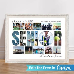 Puede incluir: Un collage de fotos enmarcado en blanco con la palabra "SENIOR" escrita en letras grandes. Cada letra est&aacute; llena con una foto diferente de un jugador de tenis. Las fotos est&aacute;n dispuestas en una cuadr&iacute;cula. El texto "class of 2025" y "MIDDLETON HIGH SCHOOL" est&aacute;n en la parte superior del collage. El nombre "Kendra Jones" est&aacute; en la parte inferior del collage.