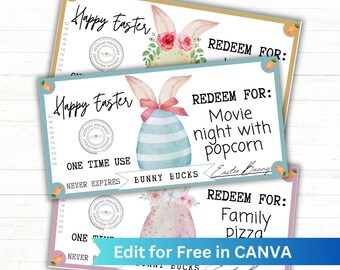 Editable Easter Bunny Bucks, Easter Egg Coupons, Easter Bunny Money editable in Canva for Kids and Teens, Non-Candy Easter Egg Fillers