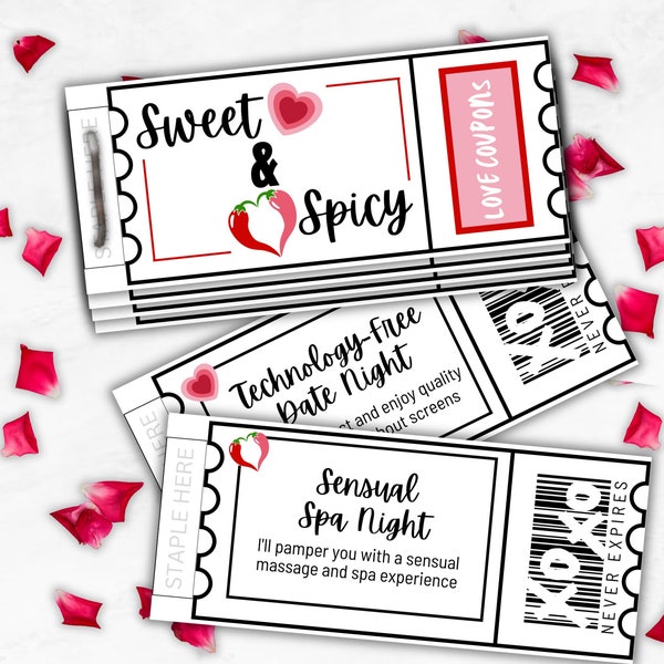 Love Coupons for Couples, Sweet and Spicy Gift Coupons, Romantic Coupon Book, Date Night Coupons, Love Vouchers for Him or Her