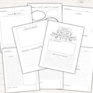 May include: Black and white printable planner pages for taking notes during a conference. The pages include sections for the speaker's name, notes, doodle and listen, talks to revisit, answers received, best take away, my questions, what's on my heart, promises, and things I don't want to forget.
