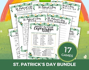 Spelpaket för St. Patrick's Day, Megapaket med 17 spel, Utskrivbara spel för St. Patrick's Day för barn, tonåringar och vuxna, Aktiviteter för mars