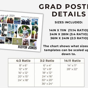 Puede incluir: Un p&oacute;ster blanco con el texto "GRAD POSTER DETAILS" en negro. El p&oacute;ster incluye un collage de fotos de un jugador de tenis senior de la escuela secundaria, con el texto "class of 2025" y "MIDDLETON HIGH SCHOOL" en la parte superior. El p&oacute;ster tambi&eacute;n incluye un gr&aacute;fico que muestra los diferentes tama&ntilde;os y proporciones del p&oacute;ster, incluyendo 14in x 11in, 24in x 28in y 36in x 24in.