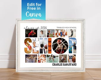 Plantilla de collage de fotos de baloncesto, póster para la noche de graduación de baloncesto, regalo para la noche de graduación, decoración para fiesta de graduación, editable en Canva.