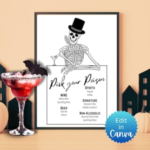 Pick Your Poison Halloween Drink Menu Template, Editable Skeleton Bar Sign, Spooky Drink List, Halloween Bar Menu, Halloween Party Decor