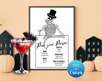 Plantilla de menú de bebidas de Halloween con el texto "Pick Your Poison", letrero de barra de esqueleto editable, lista de bebidas espeluznantes, menú de barra de Halloween, decoración de fiesta de Halloween