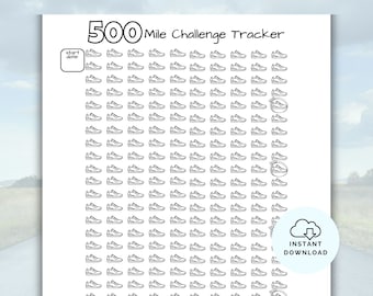 May include: Black and white printable 500 Mile Challenge Tracker with a grid of running shoes to color in as you complete each mile.  The tracker includes a space to write the start date.