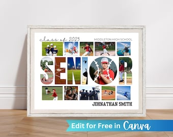 Plantilla de collage de fotos de béisbol, regalo para la noche de graduación de béisbol, regalo de béisbol personalizado, póster de collage de fotos deportivas de graduación para la noche de graduación