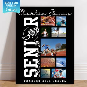Op de afbeelding: Zwart poster met het woord "SENIOR" in witte letters, een atletieklogo en actiefoto's. De poster bevat de naam "Charlie James" en "Trabuco High School". De tekst "EDIT FOR FREE IN Canva" staat in de linkerbovenhoek.