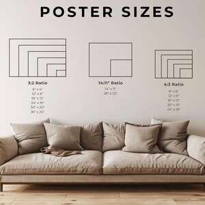 Puede incluir: Una pared blanca con texto negro que dice "POSTER SIZES". Se muestran tres rect&aacute;ngulos negros con diferentes relaciones de aspecto con dimensiones enumeradas debajo de cada rect&aacute;ngulo. Las dimensiones est&aacute;n en pulgadas. El rect&aacute;ngulo 3:2 muestra dimensiones de 6x4, 12x8, 18x12, 24x16, 30x20 y 36x24. El rect&aacute;ngulo 14:11 muestra dimensiones de 14x11 y 28x22. El rect&aacute;ngulo 4:3 muestra dimensiones de 8x6, 12x9, 16x12, 20x15 y 24x18.