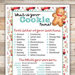 以下が含まれることがあります： あなたの姓の最初の文字と生まれた月を基に、あなたの「クッキーの名前」を決定する、印刷可能なクリスマスをテーマにしたゲームです。ゲームには、ジンジャーブレッドマンのイラストと、お祝いの赤と緑の配色があります。