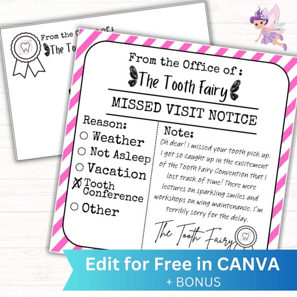 Editable Tooth Fairy Apology Letter, Tooth Fairy Forgot To Come Note, Missed Visit Notice from Tooth Fairy editable in Canva