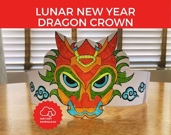 Lunar New Year Crown Dragon Craft printable, Chinese New Year Paper Crown Headband, Vietnamese New Year, Year of the Dragon School Activity