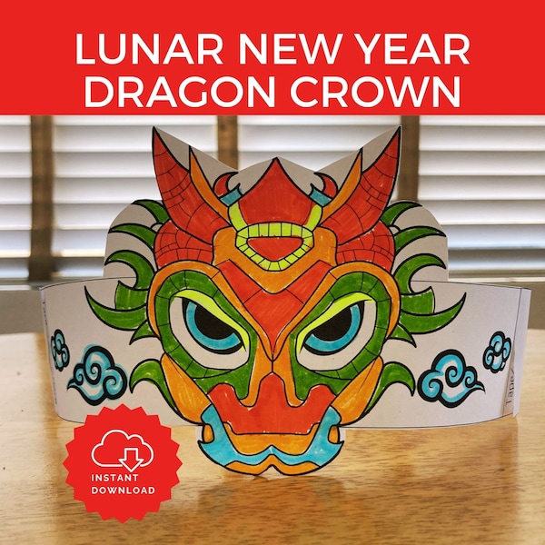 Lunar New Year Crown Dragon Craft printable, Chinese New Year Paper Crown Headband, Vietnamese New Year, Year of the Dragon School Activity