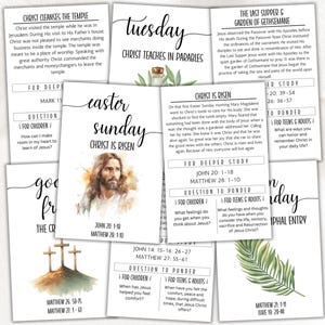 May include: A collection of white cards with religious text and illustrations. The cards feature phrases like "Christ Cleanses the Temple" and "Easter Sunday Christ is Risen." The cards have a watercolor image of Jesus and palm leaves.