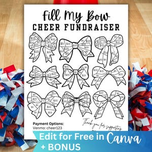 Fill My Bow Cheer Fundraiser Printable, Cheerleading Team Fundraising Form editable in Canva, Sponsor my Season Cheer Bow Fundraiser