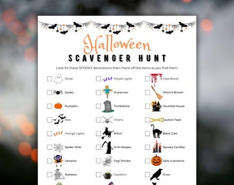 May include: A printable Halloween scavenger hunt checklist with a black and white spider web border. The checklist includes items such as a ghost, spider, purple lights, scarecrow, fake blood, witch's broom, pumpkin, tombstone, haunted house, bats, chains, caution tape, orange lights, witch, black cats, spider web, grim reaper, spooky candles, vampire, fog/smoke, jack-o-lanterns, skeleton, cauldron, and crow.