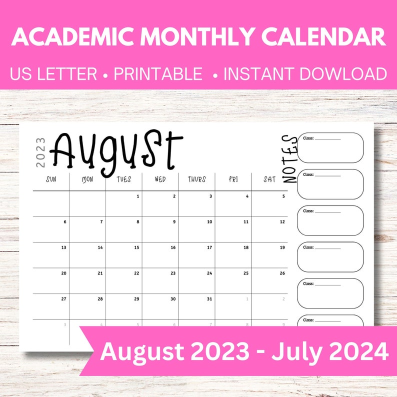 2023 2024 Academic Printable Calendar Monthly Academic Planner ...