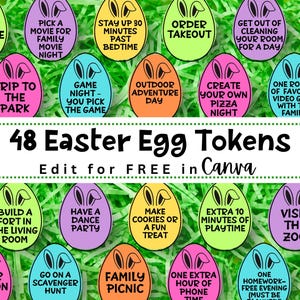 Könnte beinhalten: 48 bunte Ostereier-Token mit Hasenohren und verschiedenen Aktivitäten darauf geschrieben. Die Token sind in einem Raster auf grünem Hintergrund angeordnet. Der Text "48 Easter Egg Tokens" und "Edit for FREE in Canva" befindet sich oben im Bild.