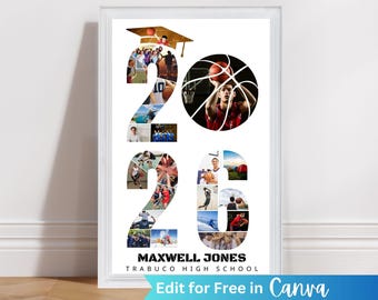 Plantilla de collage de fotos de baloncesto 2026, póster de la noche de graduación de baloncesto, regalo para la noche de graduación, decoración para fiesta de graduación, editable en Canva.