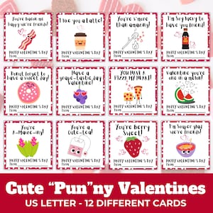 12 tarjetas de San Valentín imprimibles Punny para niños, lindo juego de tarjetas de San Valentín de juego de comida, etiquetas de regalo divertidas del día de San Valentín, Punny Valentines
