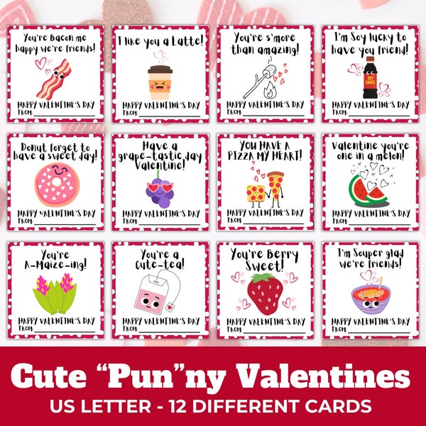 12 Punny Printable Valentine's Day Cards for Kids, Cute Food Pun Valentines Card Set, Funny Valentine's Day Gift Tags, Punny Valentines