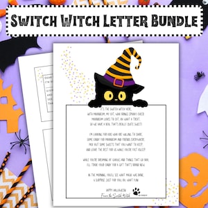 May include: A printable Halloween switch witch letter with a black cat wearing a witch hat and a purple background. The letter reads "It's the switch witch here with Meenrein, my cat, who brings spooky cheer. Meenrein loves to eat... on what a treat! So we have a deal that's really quite sweet! I'm looking for kids who are willing to share some candy for Meenrein and friends everywhere. Pick out some sweets that you want to keep, and leave the rest for us while you're fast asleep. While you're dreaming of ghouls and things that go boo, I'll trade your candy for a gift that's brand new. In the morning, you'll see what magic was done. A surprise just for you!  Wait 'til you have fun! Happy Halloween from the Switch Witch."