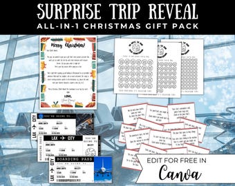 Editable Christmas Surprise Trip Scavenger Hunt Bundle, Printable Airplane Ticket Gift Reveal, Surprise Trip Reveal Boarding Pass Canva