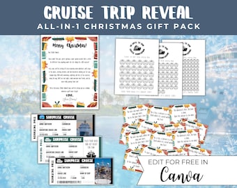 以下が含まれることがあります： クルーズ旅行のクリスマスギフトリビールパック。手紙、搭乗券、カウントダウンカレンダー、ヒントカードが含まれています。手紙には「メリークリスマス！」と「愛を込めて、[あなたの名前]」と書かれています。搭乗券には「サプライズクルーズ」と「アン・スミスソン」と書かれています。カウントダウンカレンダーには「クルーズカウントダウンまで30日」と書かれています。ヒントカードには「冒険はここにあります。サロンはあなたの左側です。スーツケースを開けて、中にあるものを見つけましょう」と書かれています。画像の下部には「Canvaで無料で編集」と書かれています。