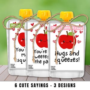 May include: Three food pouches with yellow caps and attached tags. Each tag features a red apple graphic with a smiling face and a Valentine's Day message. The pouches are tied with twine and the text "6 CUTE SAYINGS - 3 DESIGNS" is at the bottom.