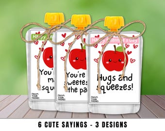 Druckbare Apfelmus Beutel Valentinstag Tags, Valentinstage ohne Süßigkeiten im Klassenzimmer, allergikerfreundliche Valentinstage, Umarmungen und Valentinstag