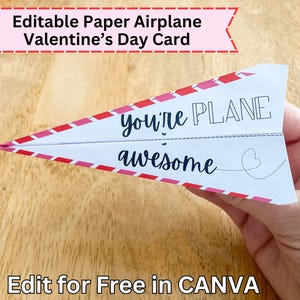 Avião de papel editável para impressão, cartão de dia dos namorados para adolescentes, avião de papel para crianças, cartão de dia dos namorados de última hora