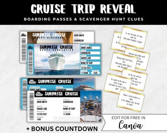May include: A printable set of cruise ship boarding passes and scavenger hunt clues. The boarding passes are blue and white with the text "Surprise Cruise" and the text "Happy Birthday" or "Happy Graduation". The scavenger hunt clues are on gold cards with white text.