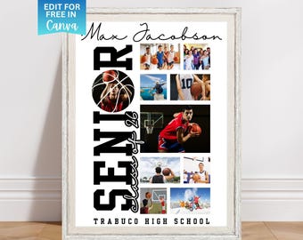 Plantilla de collage de fotos de baloncesto, póster para la noche de graduación de baloncesto, regalo para la noche de graduación, decoración para fiesta de graduación, editable en Canva.