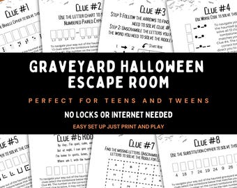 Può includere: Un gioco di escape room di Halloween stampabile con otto indizi. Il gioco è perfetto per adolescenti e preadolescenti e non richiede serrature o accesso a Internet. Gli indizi includono braille, tabelle di lettere, codice Morse, enigmi e cifrari di sostituzione.