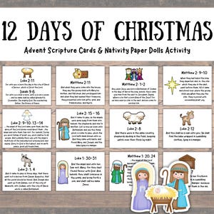 Cuenta regresiva de los 12 días de Navidad para niños, tarjetas de las Sagradas Escrituras de Adviento y muñecos de papel de la Natividad, actividad de la Natividad, Navidad centrada en Cristo