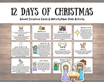 May include: Twelve colourful cards with illustrations and scripture verses from the Bible about the birth of Jesus. The cards are part of a 12 Days of Christmas Advent activity.