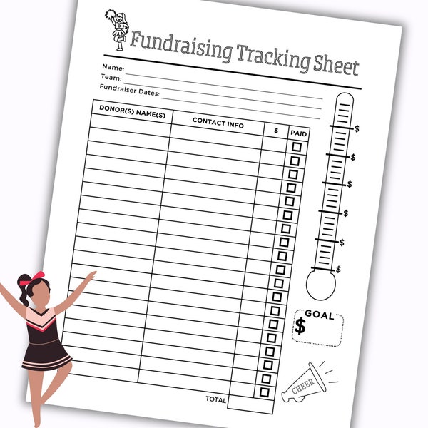 Cheer Team Fundraising Donations Tracker Sheet, Cheerleading Fundraiser Form, Printable Cheer Team Donation Form