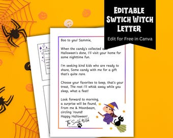 Letra editable de la bruja Switch, tradición de Halloween de la bruja de los dulces, actividad de Halloween apta para personas alérgicas, alternativa a los dulces de Halloween, cesta de caramelos