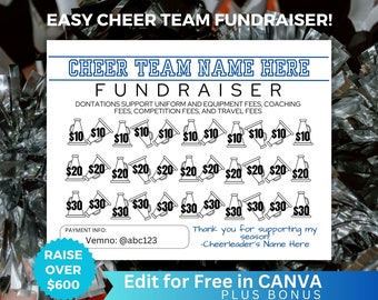 May include: A printable cheer team fundraiser with a blue and white color scheme. The design features a megaphone graphic and the text "Cheer Team Name Here Fundraiser". The text "Donations support uniform and equipment fees, coaching fees, competition fees, and travel fees" is also included. The printable includes a grid of megaphones with dollar amounts of $10, $20, and $30. The text "Raise Over $600" is at the bottom of the printable. The text "Edit for Free in Canva Plus Bonus" is also included.