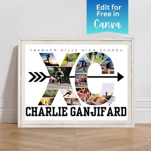 May include: Framed photo collage with the text "Trabuco Hills High School" and "XC" in a stylized design. The collage includes photos of runners and the name "Charlie Ganjifard" with the year "2025". The background is a light wood floor and white wall.