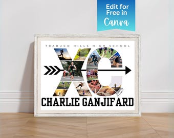 May include: Framed photo collage with the text "Trabuco Hills High School" and "XC" in a stylized design. The collage includes photos of runners and the name "Charlie Ganjifard" with the year "2025". The background is a light wood floor and white wall.