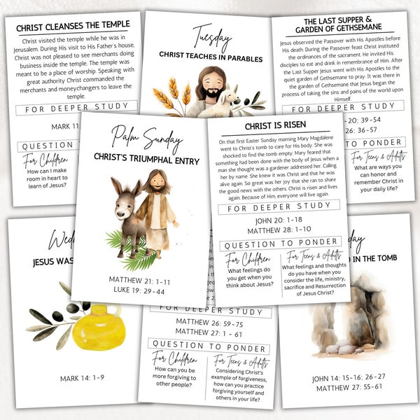 Holy Week Story Study Cards, Printable Easter Advent Devotional, Easter Bible Study Guide for kids, teens and adults, Holy Week Countdown