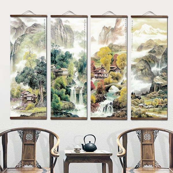 Chinesischer Traditioneller Stil Vier Jahreszeiten Landschaft Leinwand für Wohnzimmer Wand Kunst Poster Massivholz Rollbilder Home Decor