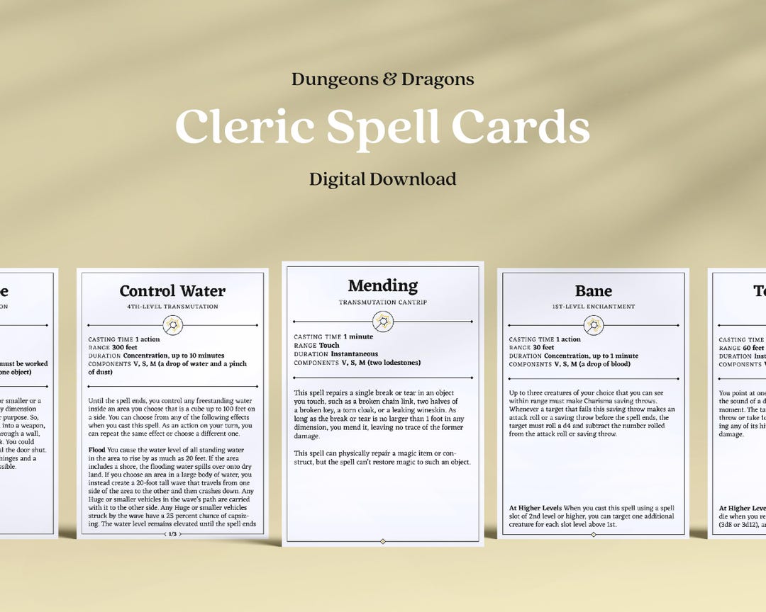 Printable Dnd 5e Cleric Spell Cards / Digital Download as PDF / DM ...
