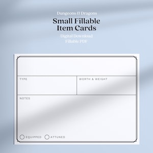 Könnte beinhalten: Eine weiße ausfüllbare Gegenstandskarte für Dungeons & Dragons, mit schwarzem Text und schwarzem Rand. Die Karte enthält Felder für Typ, Wert & Gewicht sowie Notizen, zusammen mit Optionen für "ausgerüstet" und "abgestimmt". Der Text "Dungeons & Dragons" und "Kleine ausfüllbare Gegenstandskarten" stehen oben.