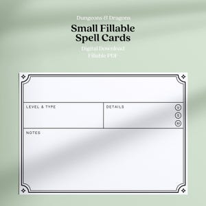 Könnte beinhalten: Eine weiße, ausfüllbare Zauberkarte für Dungeons & Dragons mit schwarzem Text und einem dekorativen Rahmen. Die Karte enthält Abschnitte für Stufe & Typ, Details und Notizen, mit Symbolen für verbale, somatische und materielle Komponenten.
