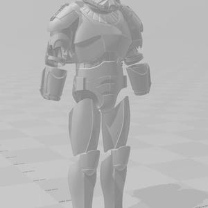 May include: A light grey, full-body armour suit with a futuristic design. The suit includes a helmet, shoulder pads, chest and back plating, arm and leg guards, and boots. The design suggests a science fiction or cosplay theme.