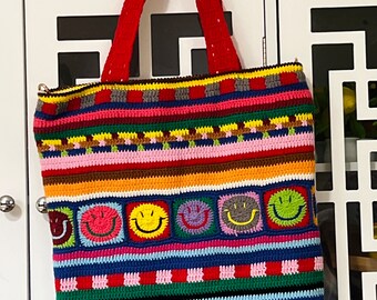 Handmade Crochet Smiley Face Granny Square Bag: Rainbow Shoulder Tote